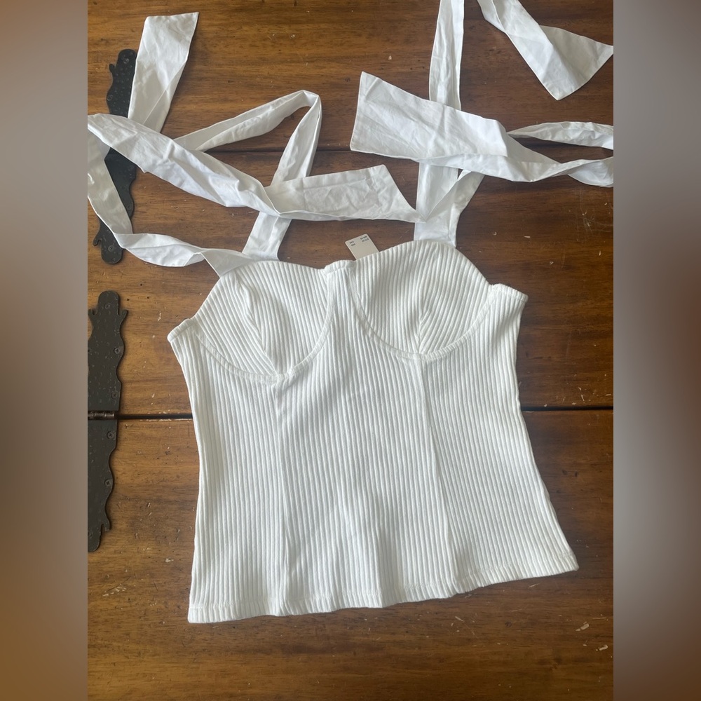 New Anthropolgie Maeve Structured Tie Shoulder Bow Tank Bustier White Small S - Picture 2 of 6